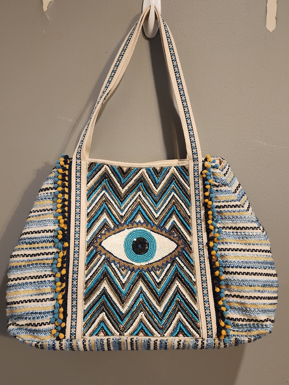 Bohemian America & Beyond Evil Eye Tote Bag in Blue & Cream